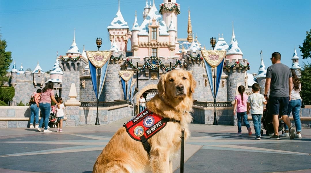 airline service dog policies — Golden retriever service dog sits before a majestic castle.